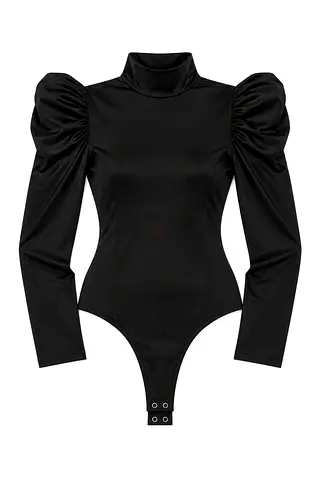 Black Long-Sleeve Puff Shoulder Bodysuit with High Neck