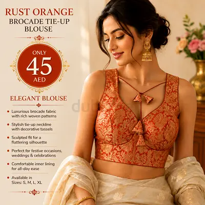 Rust Orange Brocade Tie-Up Blouse - Elegant Festive Wear
