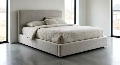 Queen-size upholstered platform bed with fabric headboard (light grey)