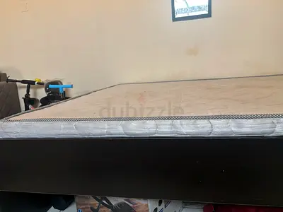 Queen size bed frame with mattress - dark wood, good condition