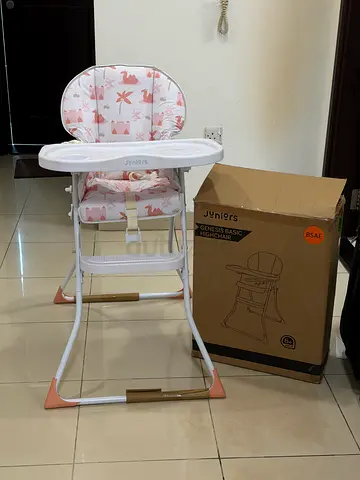 Used baby high chair with tray — pink floral, good condition