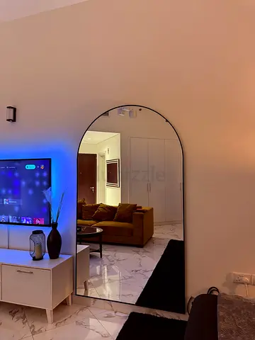 Large Arched Full-Length Wall Mirror with Slim Black Frame 210x110 cm