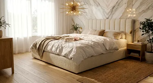 Premium upholstered fabric bed with padded headboard - beige