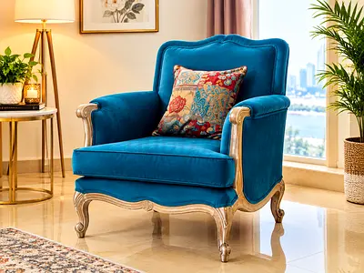 Teal Blue Velvet Accent Armchair with Carved Wooden Frame
