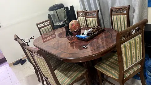 Solid Wood 8-Seater Dining Table with Cushioned Chairs