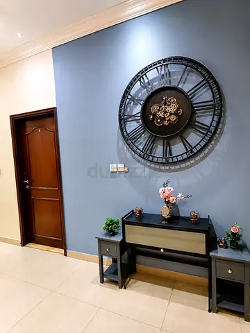Large Decorative Wall Clock with Console Table and Side Stools - Set