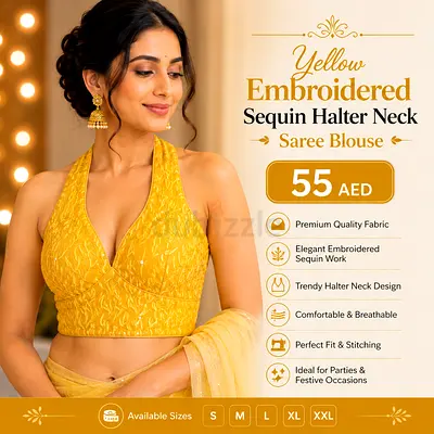 Yellow Embroidered Sequin Halter Neck Saree Blouse
