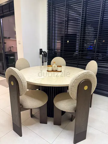 Round dining table with 4 upholstered chairs - modern set