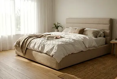 Premium upholstered bed with headboard - beige,
