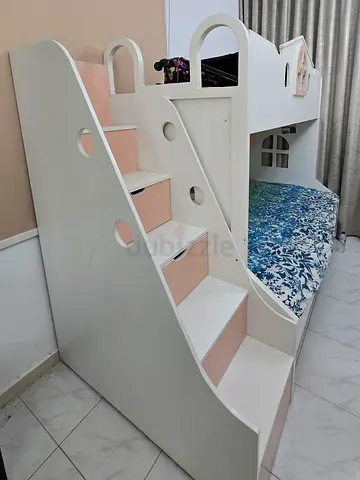 White wooden kids bunk bed with stairs and slide - good condition