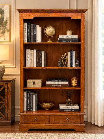 Marina Solid Wood 4-Shelf Bookcase with 2 Drawers - Warm Oak Finish