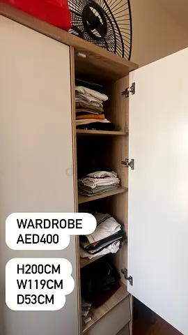 IKEA-style 2-door wardrobe - beige/white, good condition (H200 x W119 x D53cm)