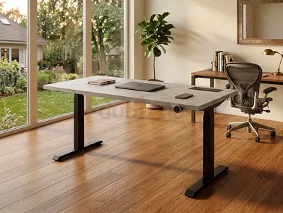 Electric Height-Adjustable Standing Desk with Concrete-Style Top