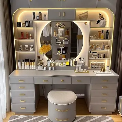 Customised Modern grey vanity dressing table with mirror and stool