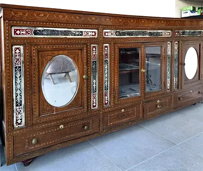 Large Handcrafted Wooden Sideboard with Inlay and Glass Doors