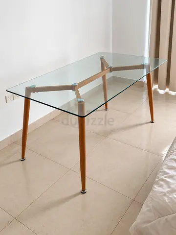 Glass Top Dining/Study Table with Wooden Legs - Modern Minimalist