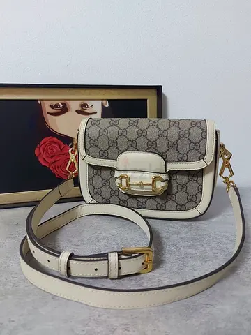 GG horsebit Style monogram with white leather trim crossbody bag- small