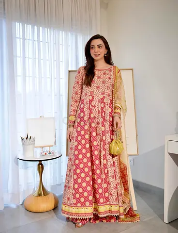 Aneelas 3piece Pink and beige kali'dar frock Dress with trouser and chiffon Dupatta - Size Medium