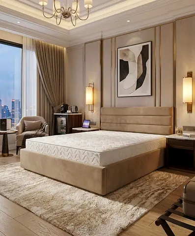 Beige Upholstered Platform Bed with Headboard