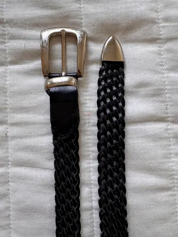 Black leather braided woven belt with silver buckle - size S