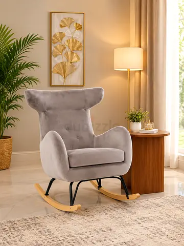 Modern Velvet Rocking Chair in Grey with Wooden Runners