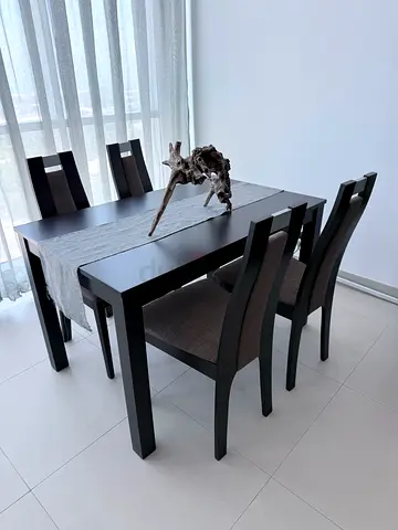 Dining Table + 4 Chairs - Black Wood, Grey Upholstered Seats