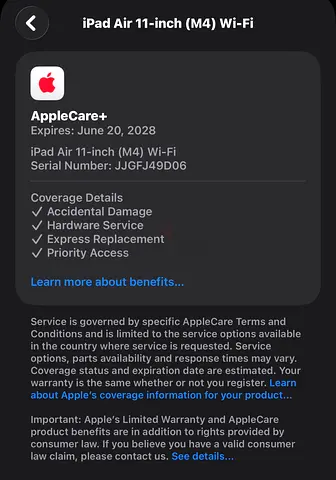 iPad Air 11-inch (M4) Wi‑Fi 138 GB— Coverage until June 20, 2028 with apple care+