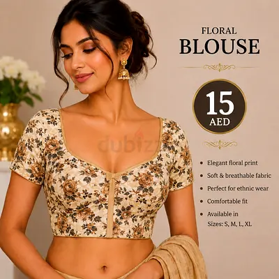Floral Short Sleeve Ethnic Blouse - Beige, Sizes S-XL