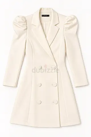 White double-breasted blazer dress with puff shoulders - size S
