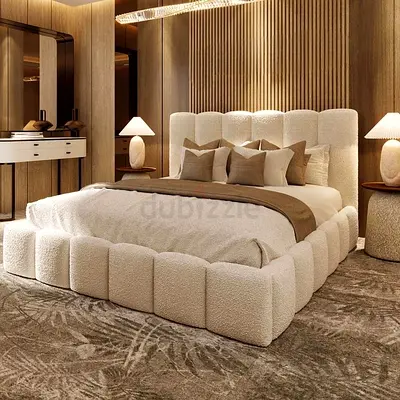 Modern upholstered king bed with cushioned frame and headboard