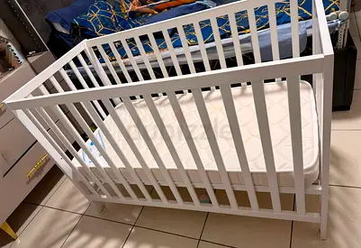 White Wooden Baby Crib with Mattress - Good Condition Barely used, Location Barsha Heights