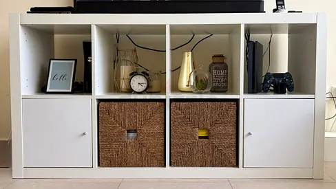 White IKEA Kallax-style TV Unit with 6 Cubes and Wicker Baskets