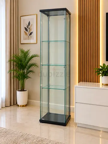Slim Glass Display Cabinet with 4 Shelves - Black Base & Top