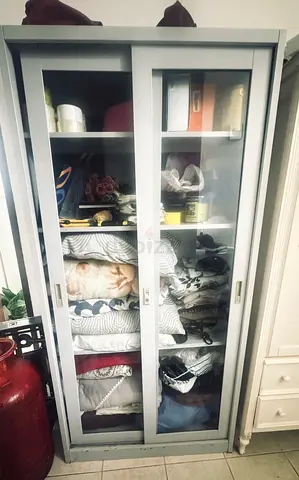 Grey Glass-Door Cabinet / Linen Cupboard - Good Condition