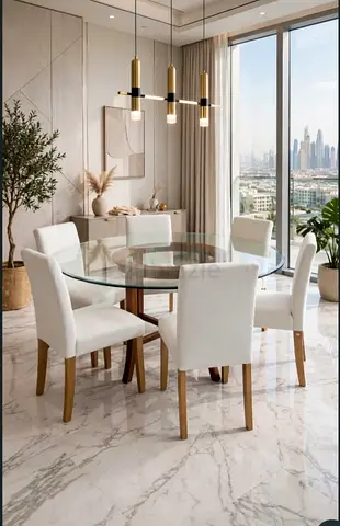 6-Seater Round Glass Dining Table with Upholstered Chairs
