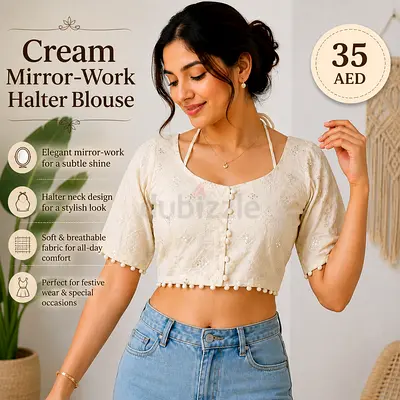 Cream Mirror-Work Halter Blouse — Size Suitable Crop Top, Light Wear