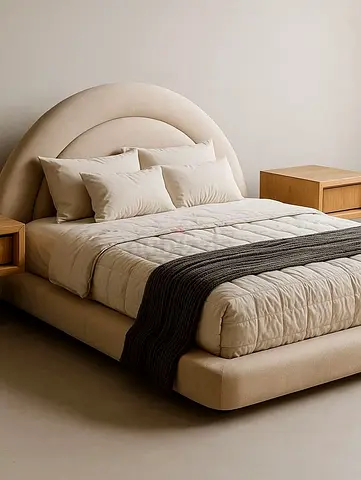 Beige Upholstered Platform Bed with Curved Headboard - Double/Queen