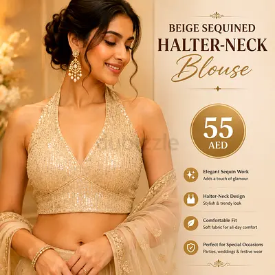 Beige Sequined Halter-Neck Blouse