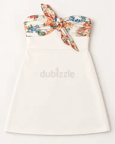 White A-line Strapless Dress with Floral Bow Detail