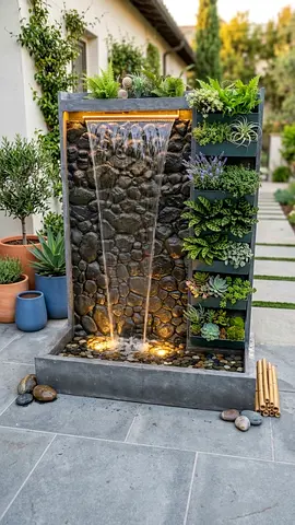 Outdoor decorative water wall with planter and LED lighting