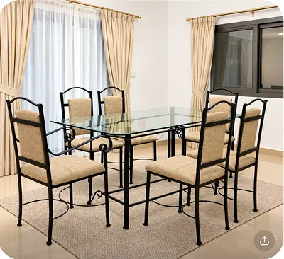Glass Top Dining Table with 6 Fabric Chairs - Black Metal Frame