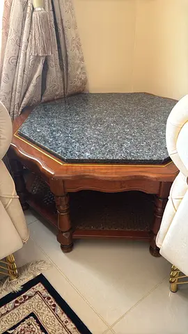 Octagonal Marble Top Wooden Side Table - Solid Wood Base