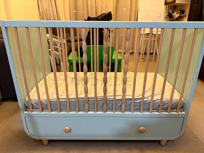 Wooden Baby Crib with Drawer IKEA MYLLRA - Light Blue, Good Condition. With a good bamboo matress.