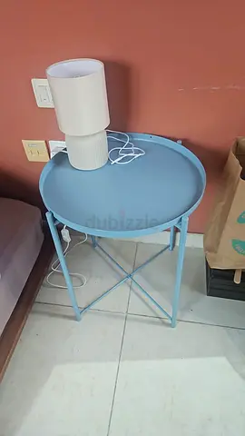 Light blue metal side table (small round bedside table) - good condition