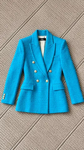 Zara Women's Turquoise Double-Breasted Tweed Blazer - Size Unknown