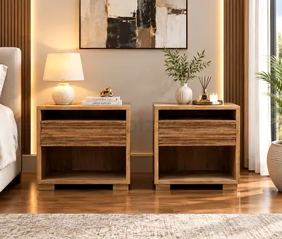 Crate and barrel Pair of wooden bedside nightstands with drawer and shelf
