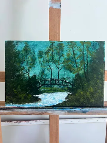 Original Acrylic Painting – Wooden Bridge Forest Landscape