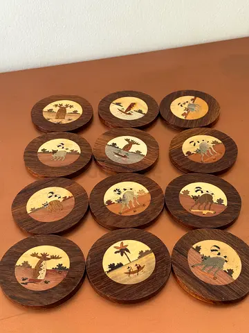 Set of 12 Handcrafted Wooden Coasters with Inlay Design