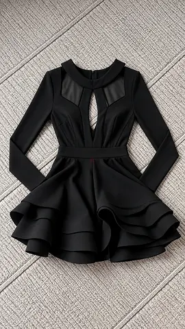Black Long-Sleeve Ruffled Mini Dress with Cutout Detail