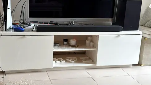 Modern White TV Stand with Storage Cabinets and Open Shelving